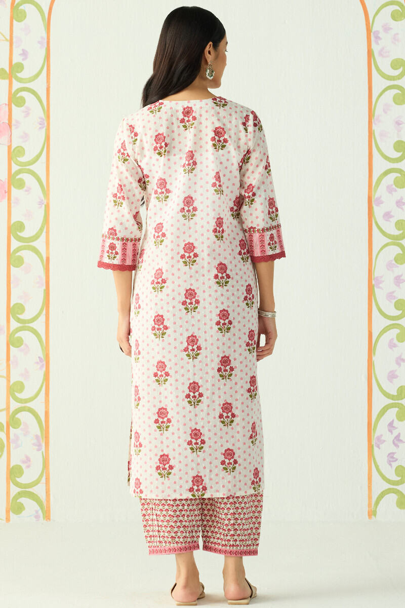 White Hand Printed Straight Cotton Dobby Kurta