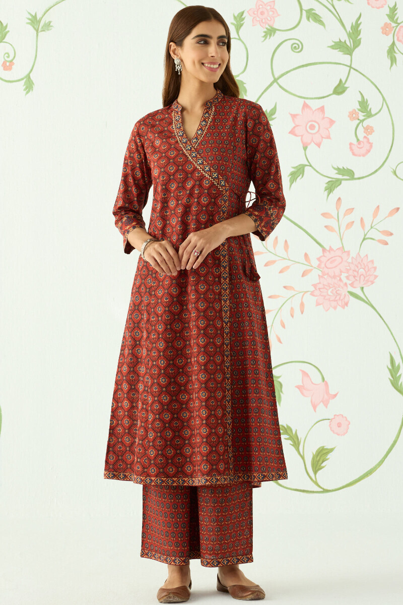 Maroon Hand Printed Angrakha Cotton Dobby Kurta