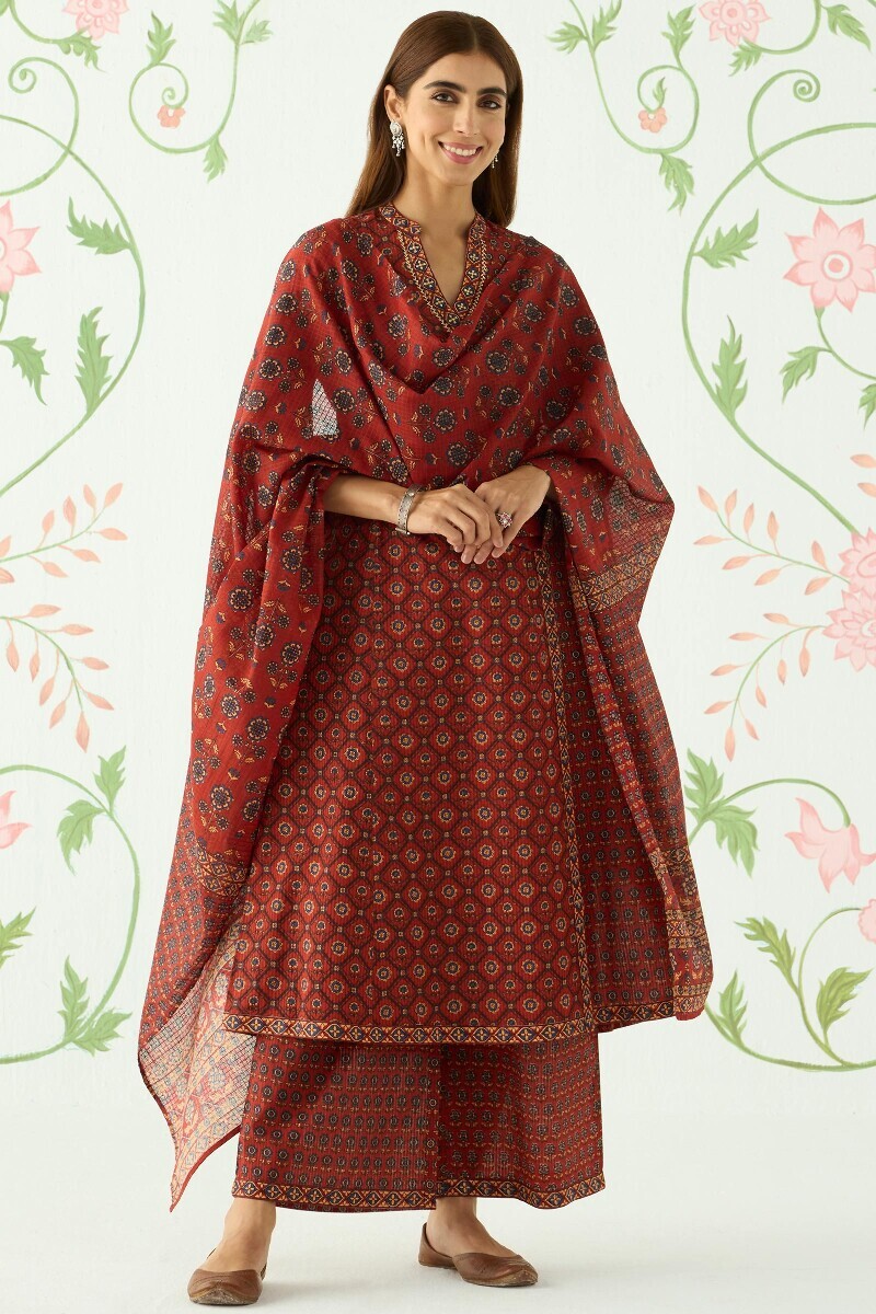 Maroon Hand Printed Angrakha Cotton Dobby Kurta