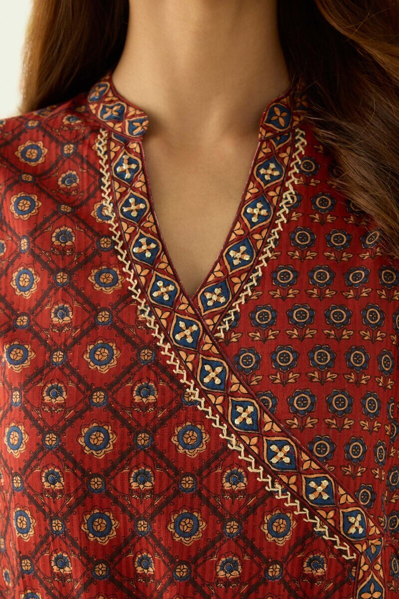 Maroon Hand Printed Angrakha Cotton Dobby Kurta