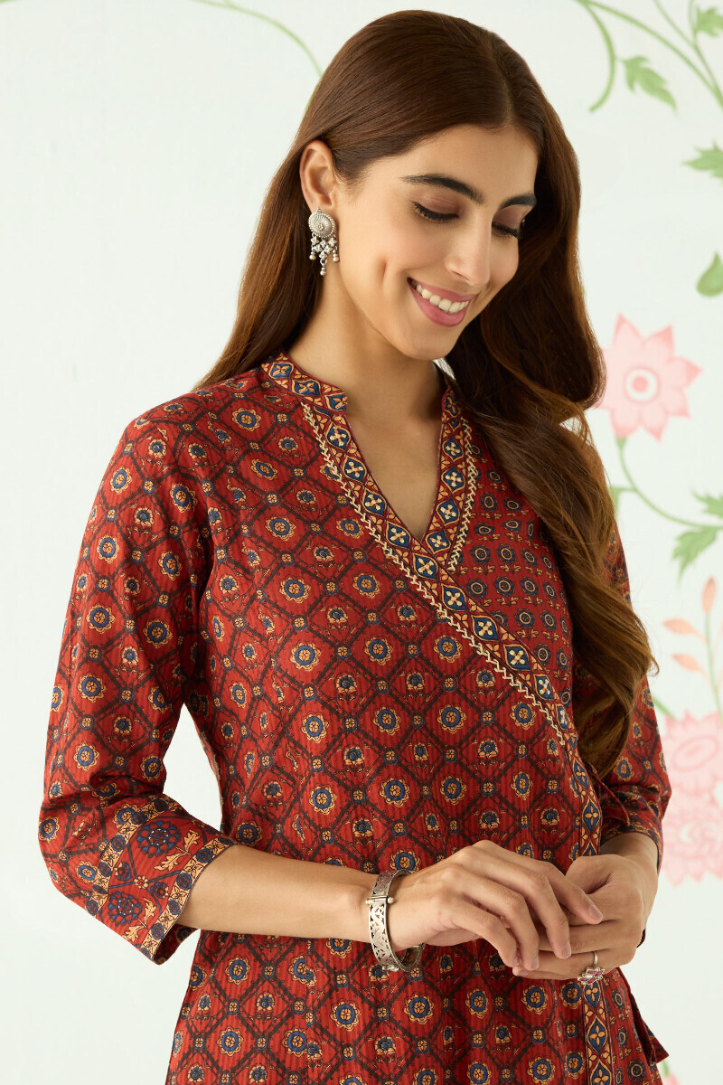 Maroon Hand Printed Angrakha Cotton Dobby Kurta