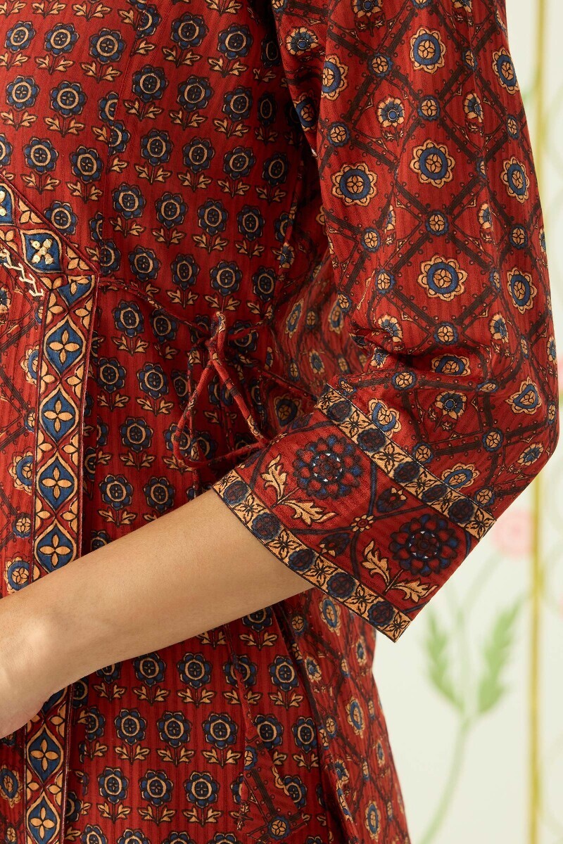 Maroon Hand Printed Angrakha Cotton Dobby Kurta