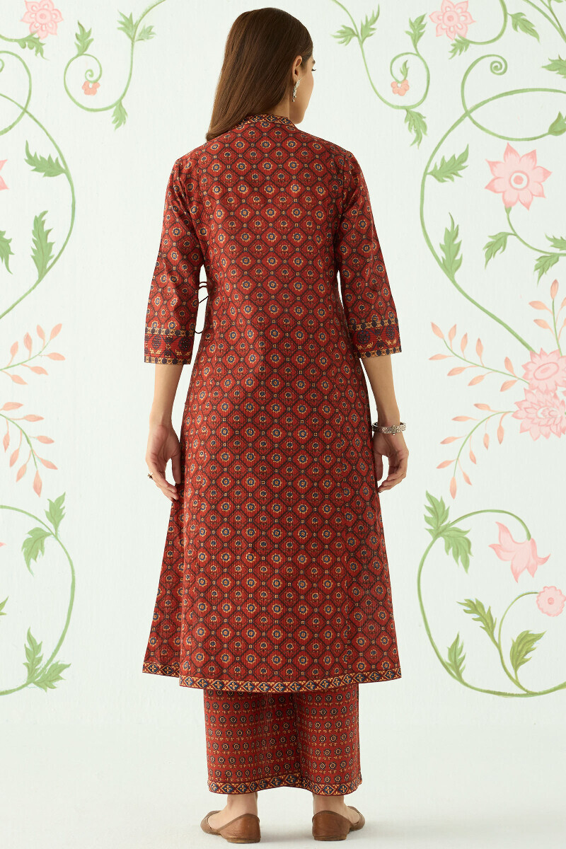 Maroon Hand Printed Angrakha Cotton Dobby Kurta