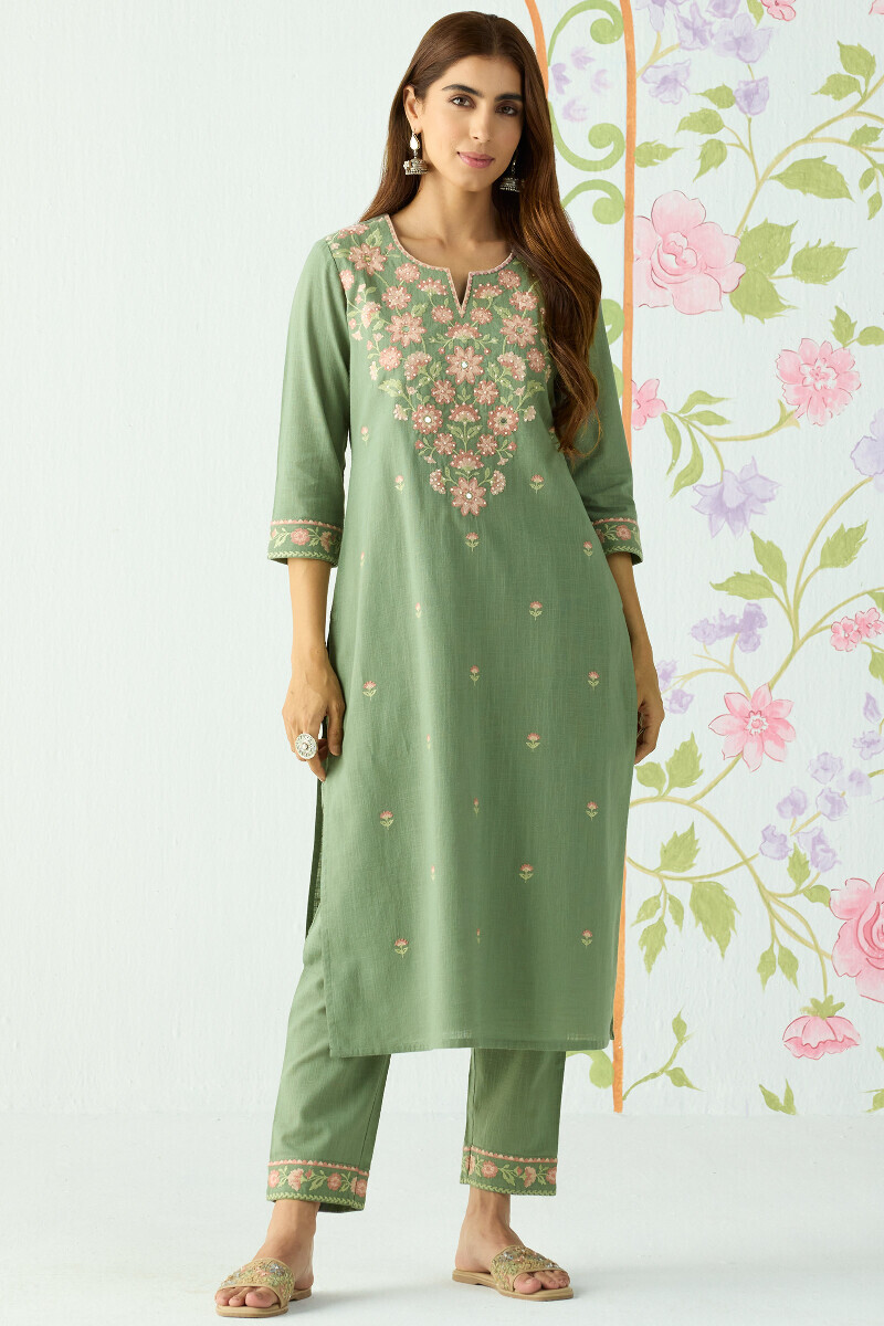 Green Handcrafted Straight Gauze Slub Kurta