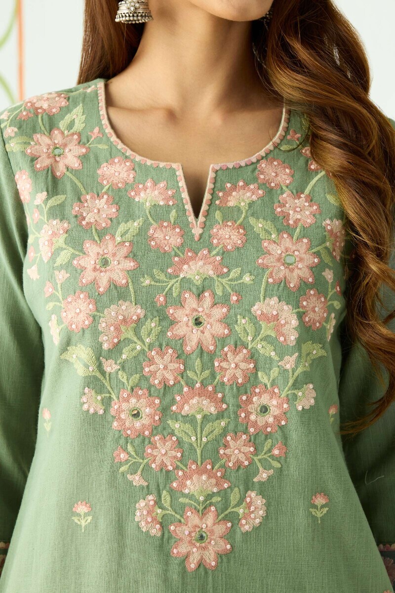 Green Handcrafted Straight Gauze Slub Kurta