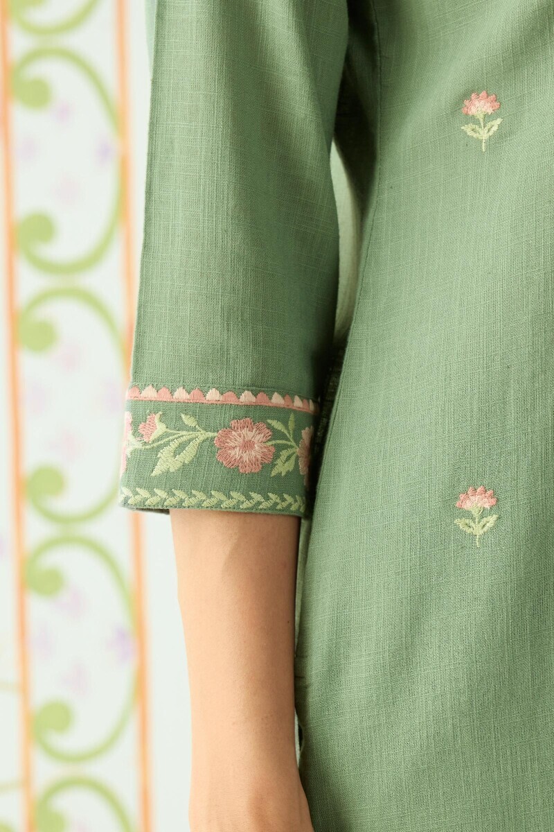 Green Handcrafted Straight Gauze Slub Kurta