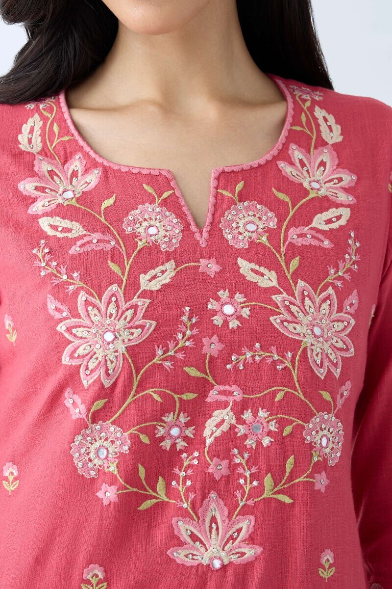 Pink Handcrafted Straight Gauze Slub Kurta