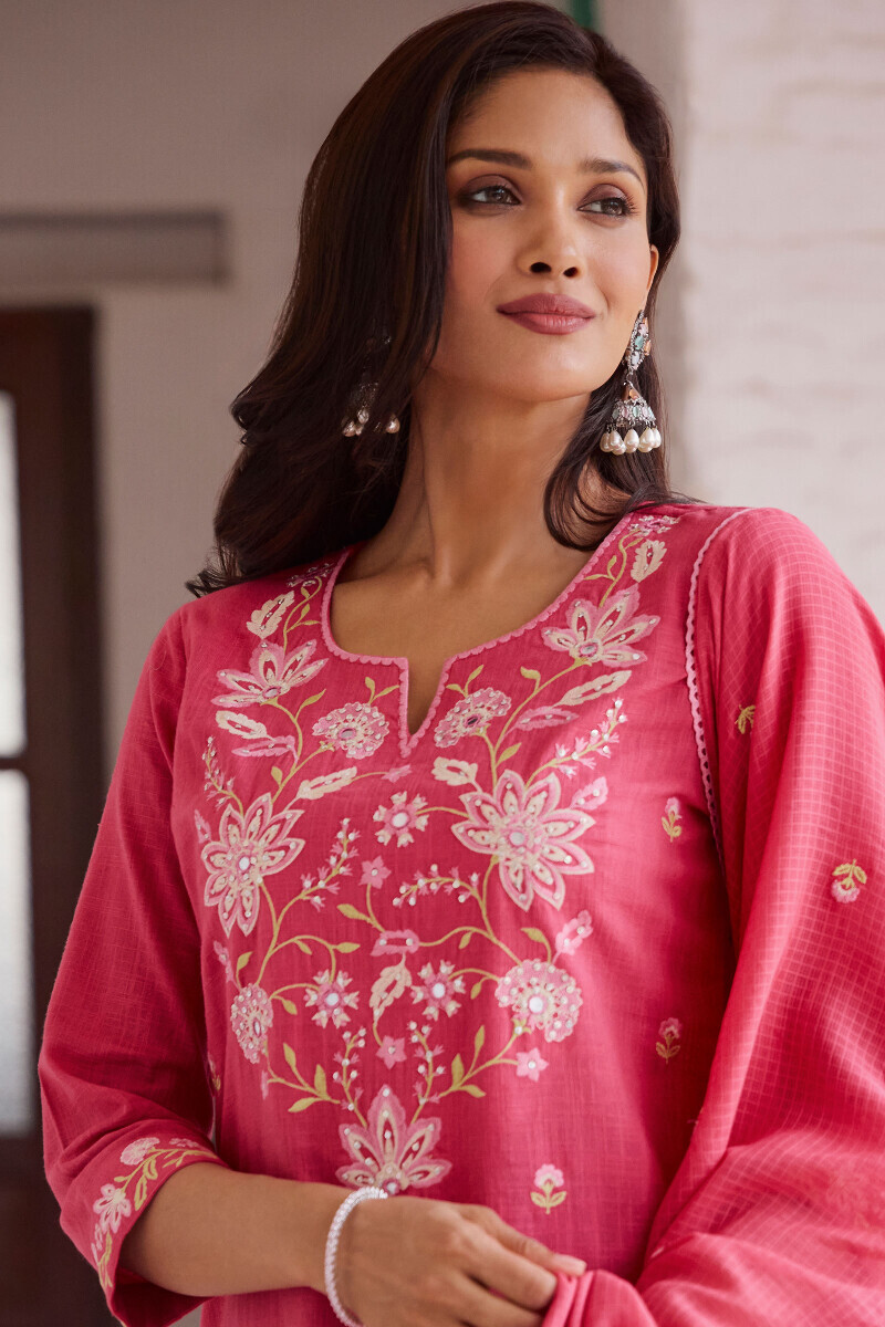 Pink Handcrafted Straight Gauze Slub Kurta