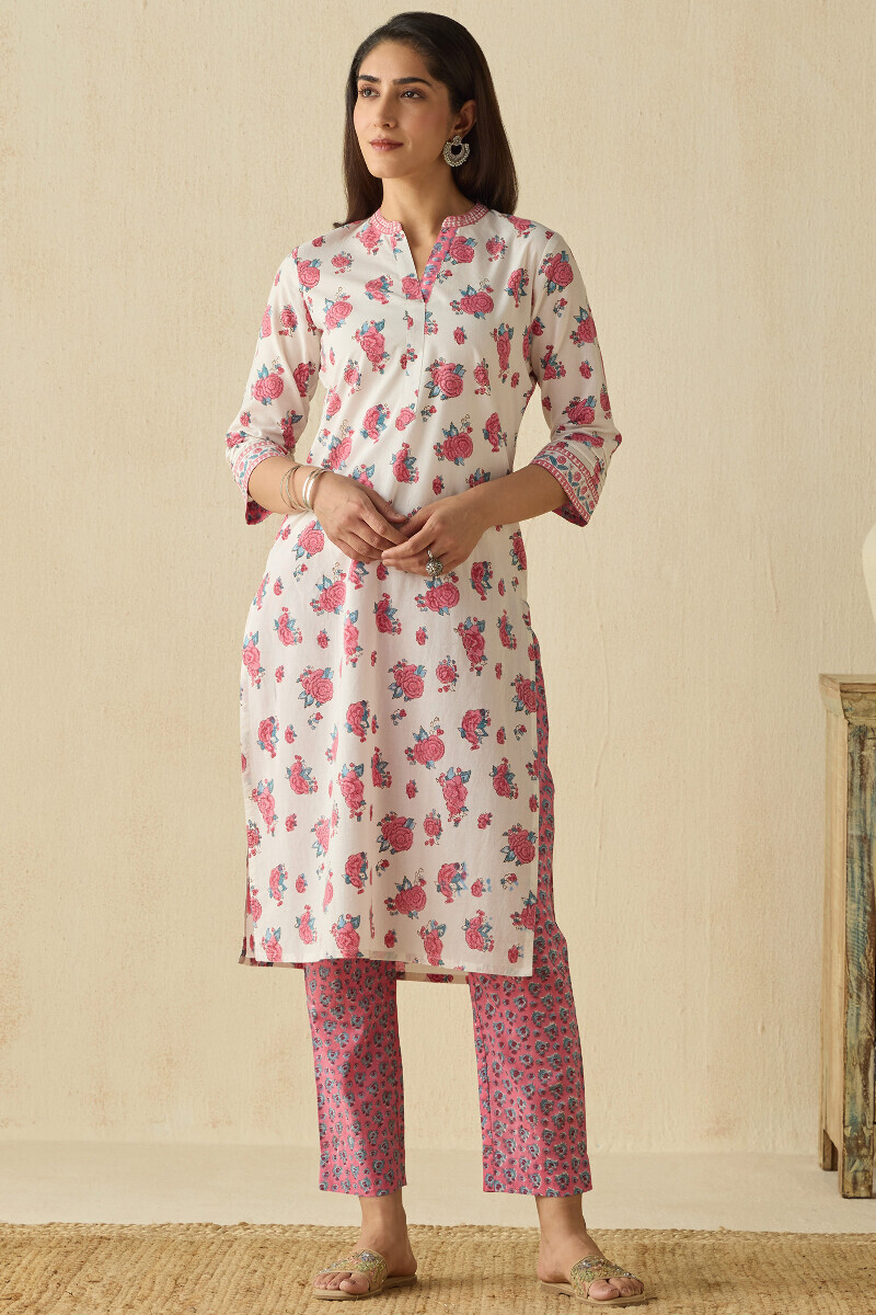 White Hand Block Printed Straight Cotton Kurta