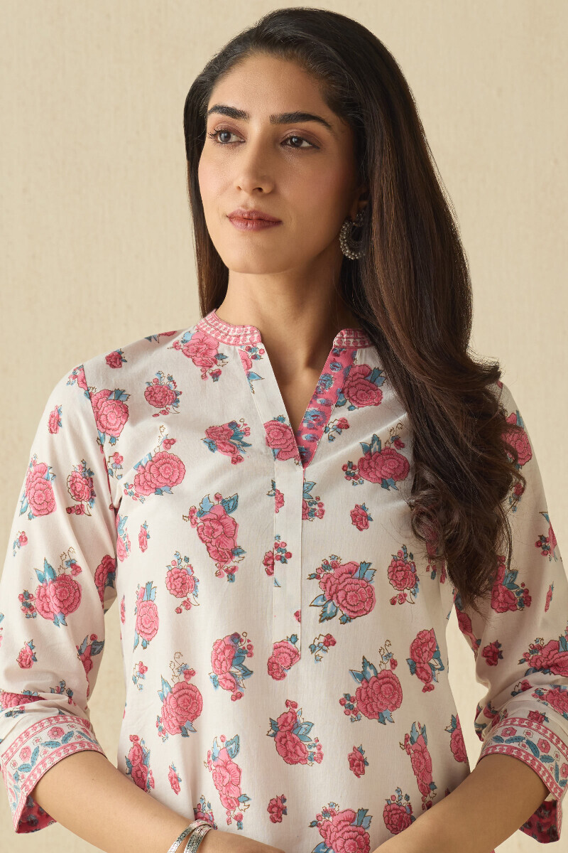 White Hand Block Printed Straight Cotton Kurta
