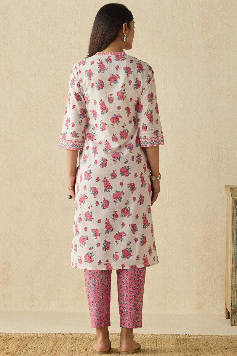 White Hand Block Printed Straight Cotton Kurta