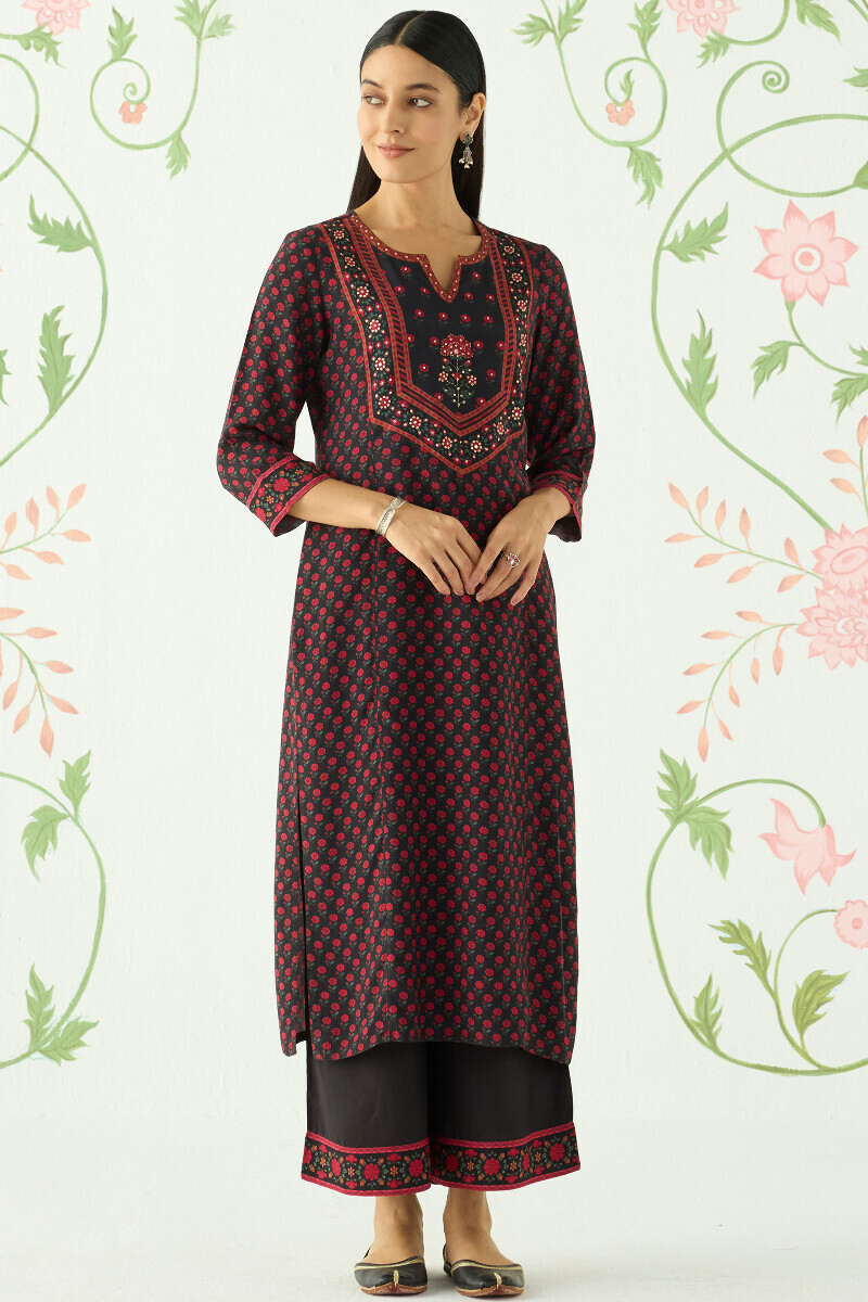 Black Printed Straight Viscose Kurta