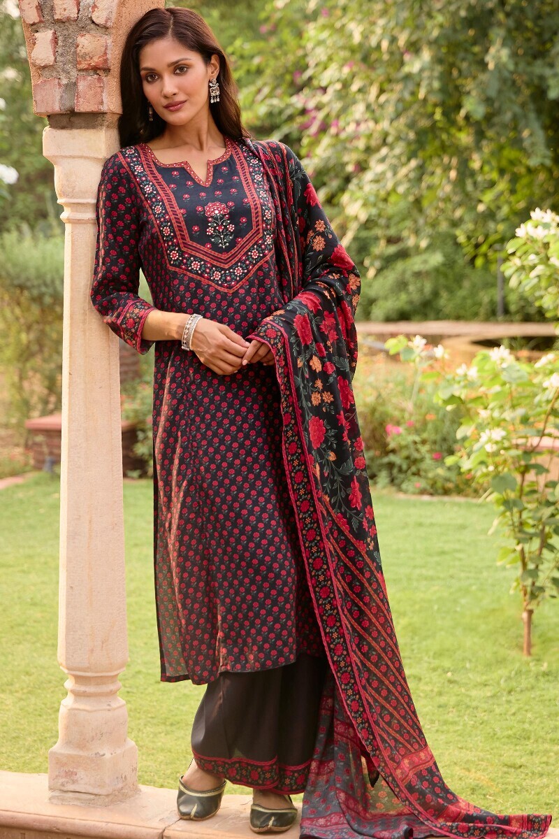 Black Printed Straight Viscose Kurta