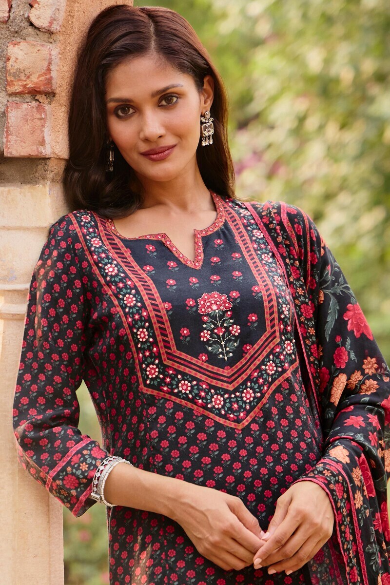Black Printed Straight Viscose Kurta