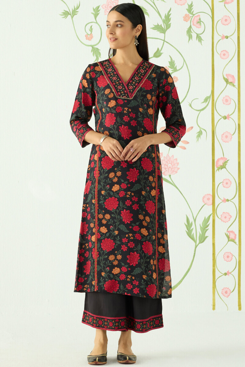 Black Printed Straight Viscose Kurta