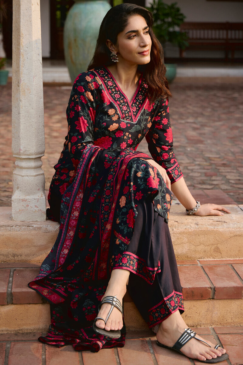 Black Printed Straight Viscose Kurta