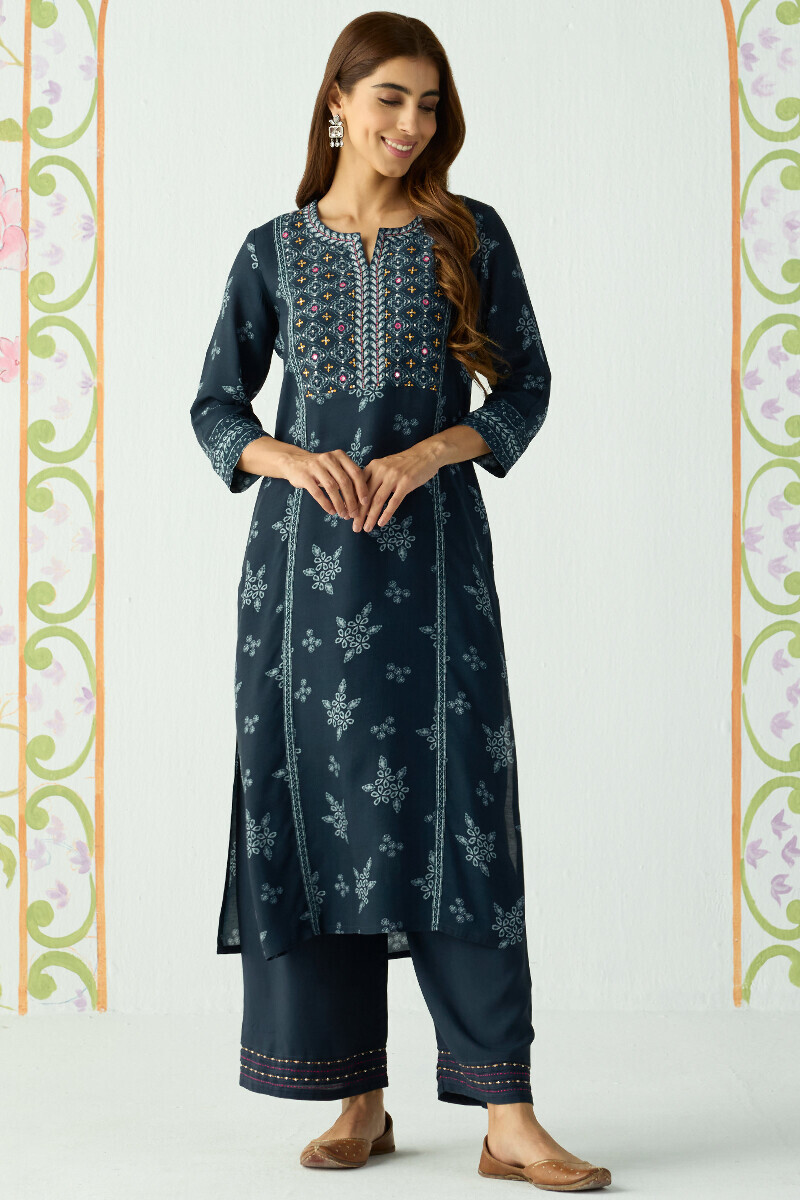 Blue Printed Straight Viscose Kurta