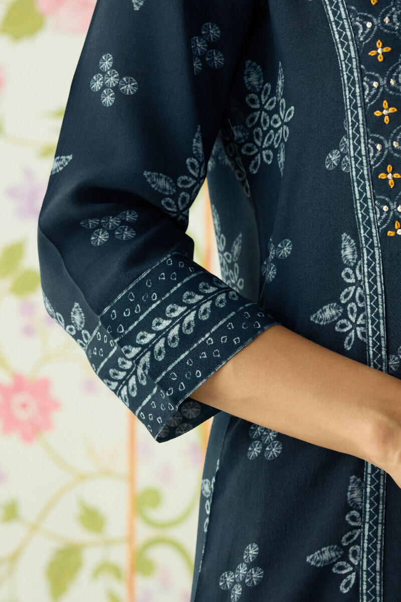 Blue Printed Straight Viscose Kurta