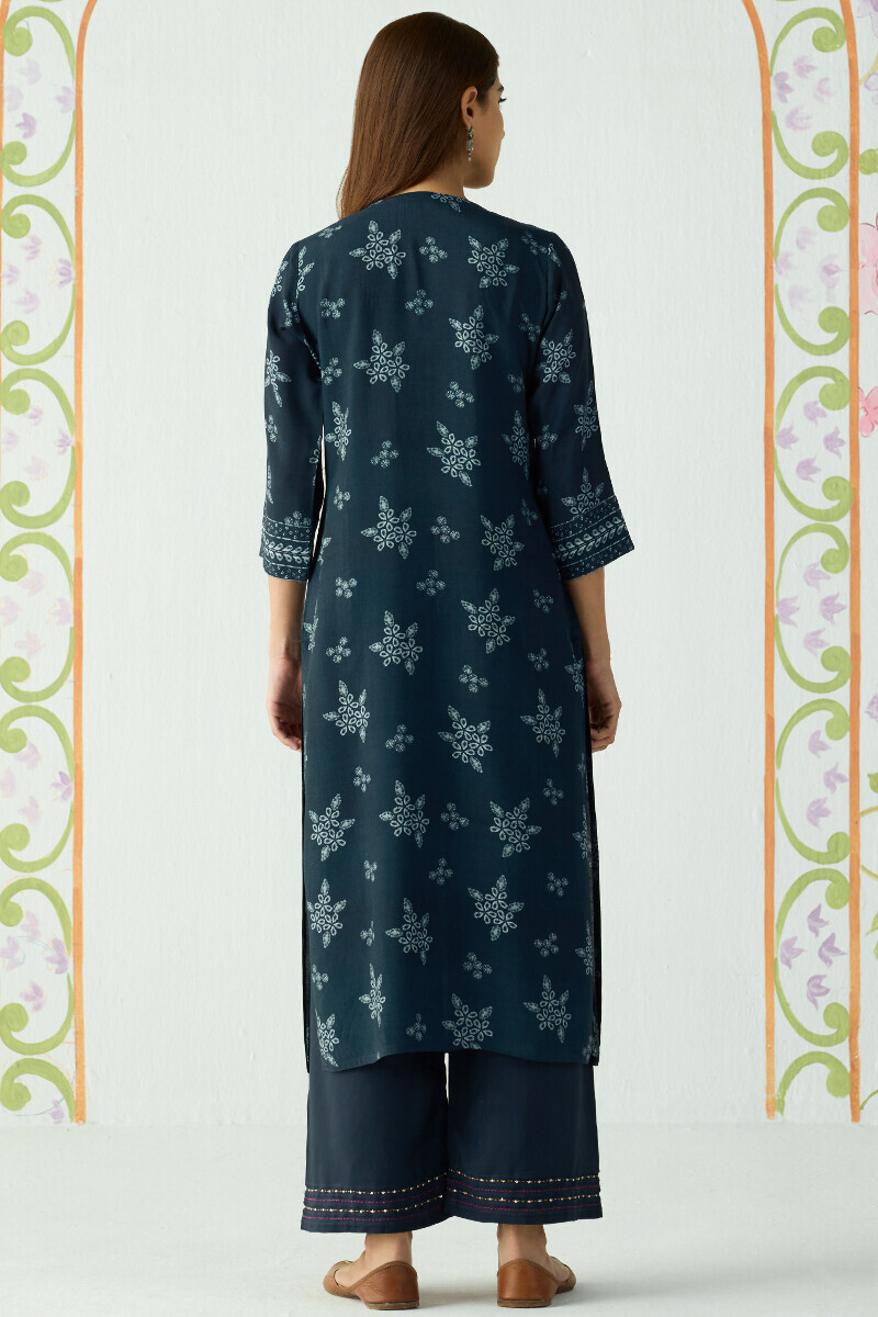 Blue Printed Straight Viscose Kurta