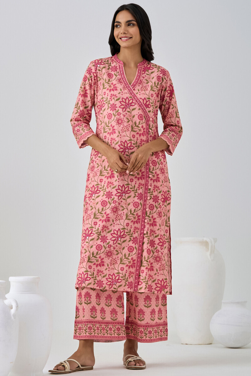 Peach Printed Angrakha Cotton Kurta