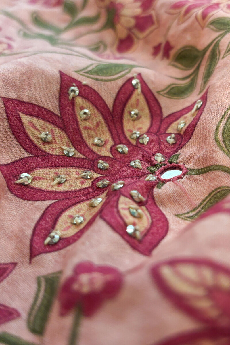 Peach Printed Angrakha Cotton Kurta