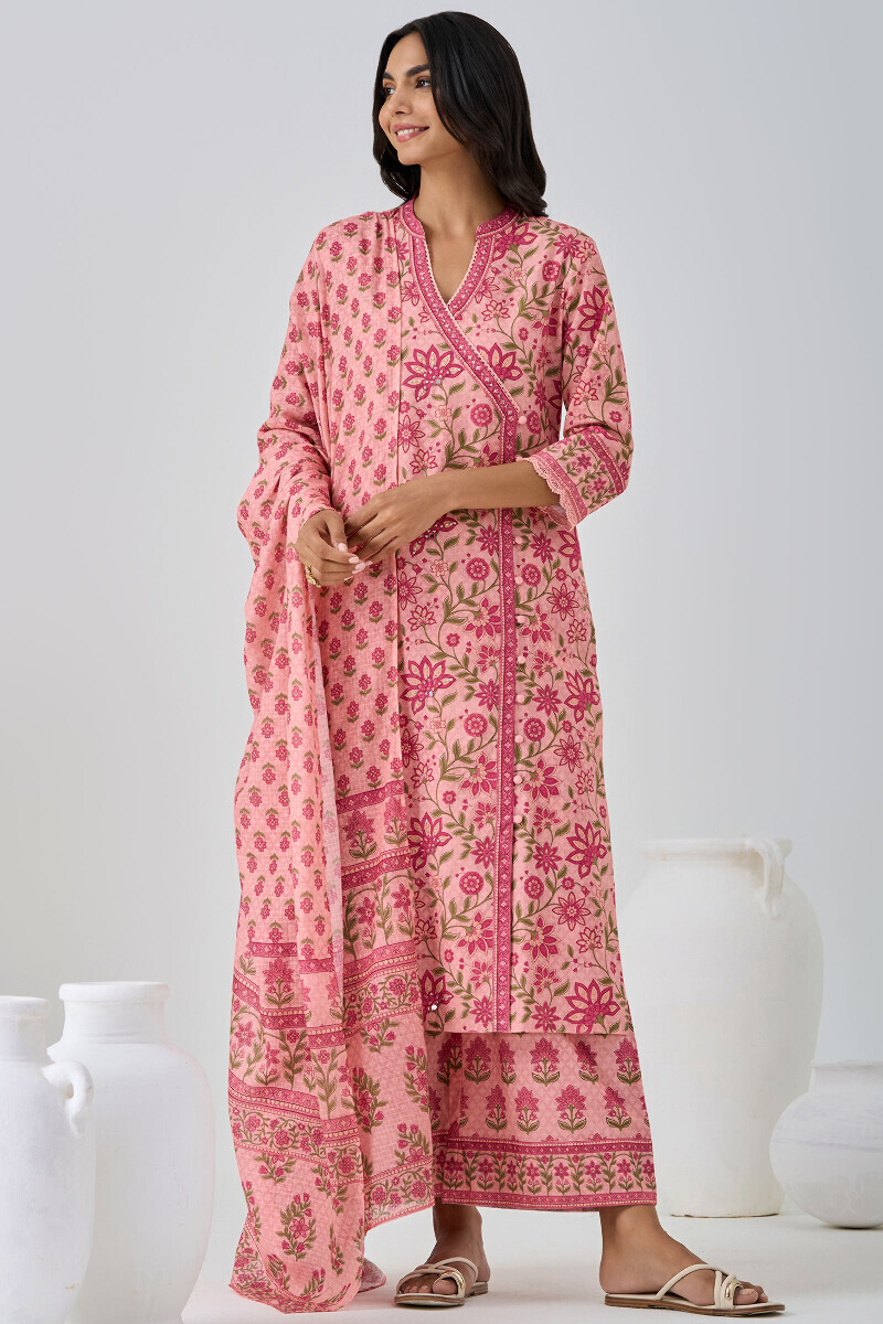 Peach Printed Angrakha Cotton Kurta