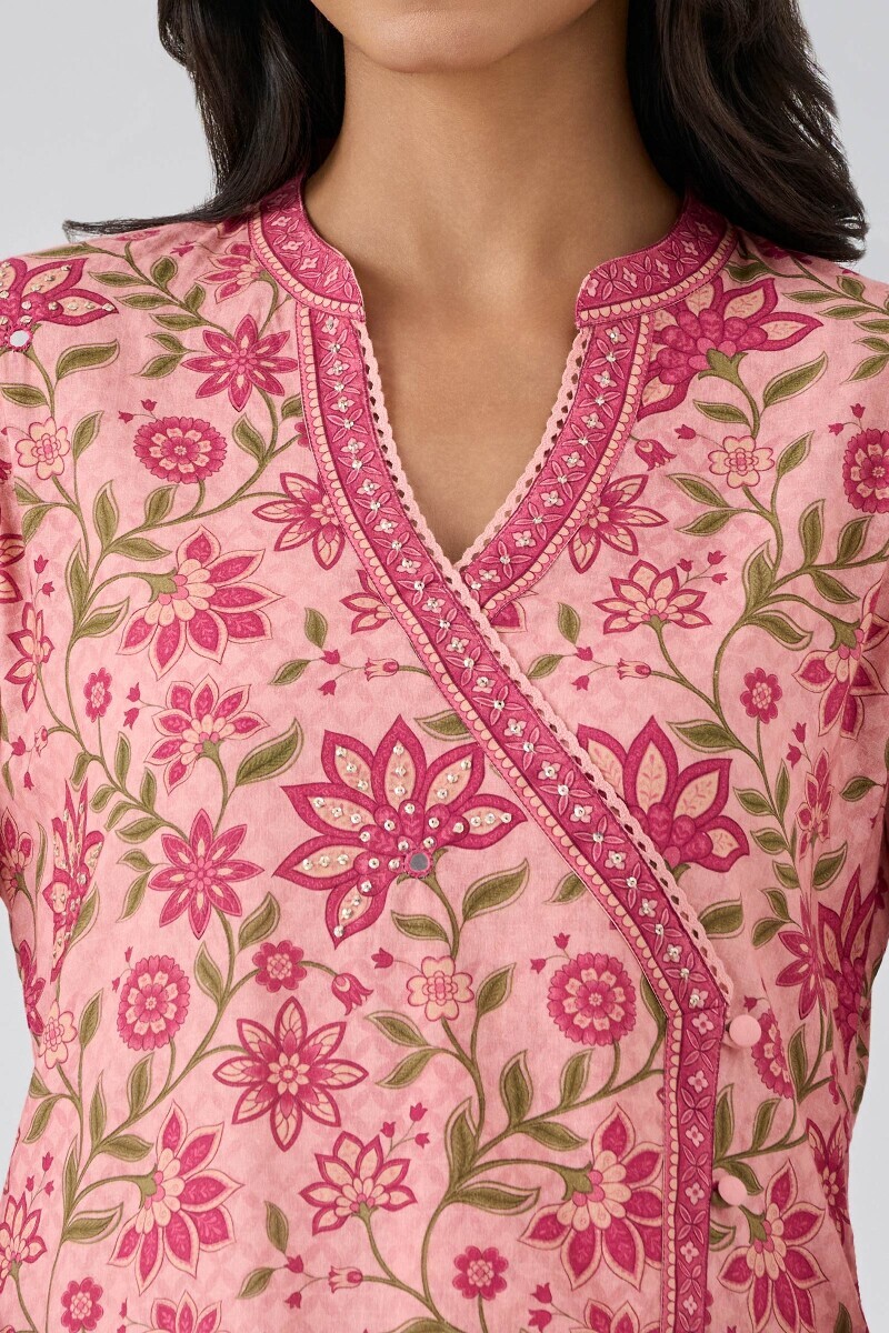 Peach Printed Angrakha Cotton Kurta