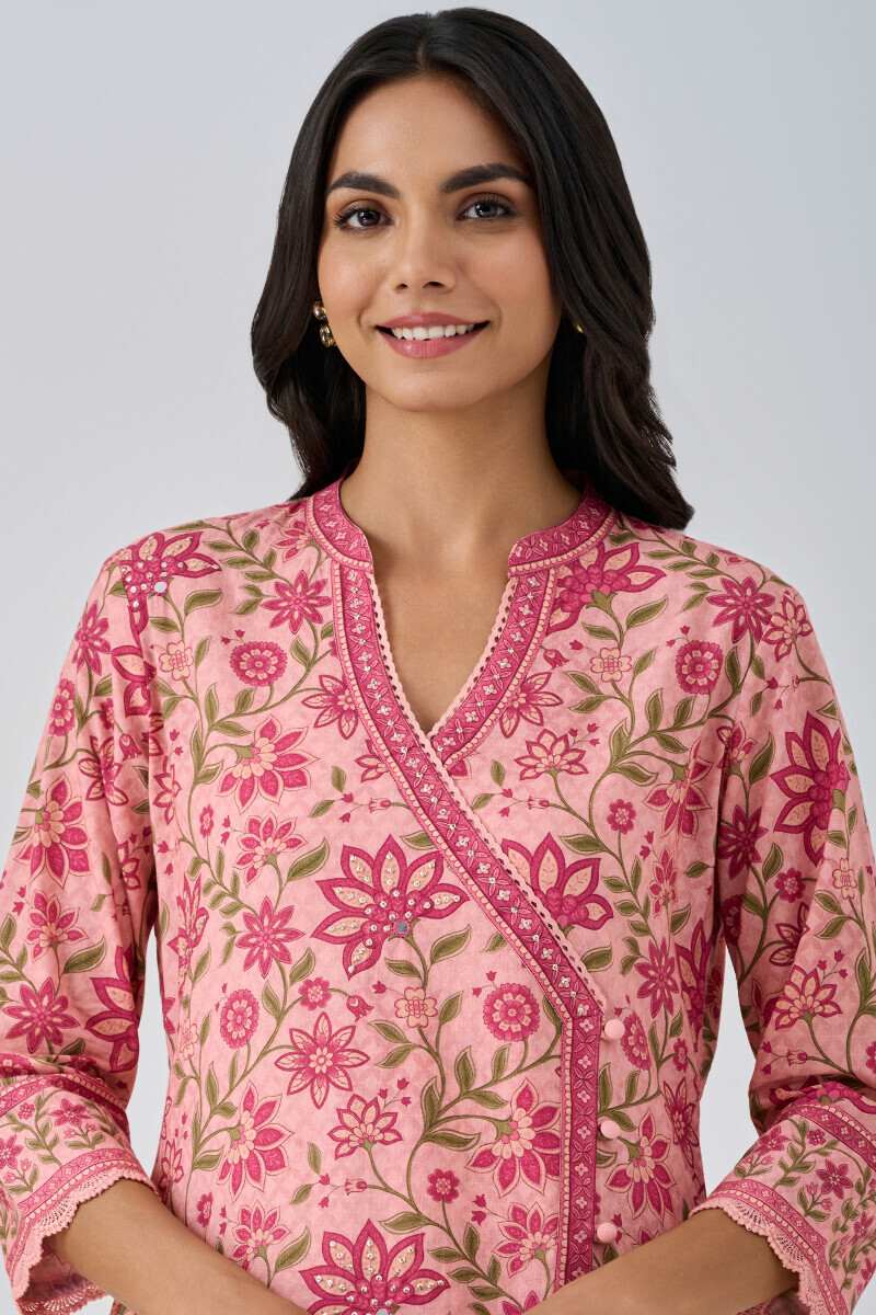 Peach Printed Angrakha Cotton Kurta