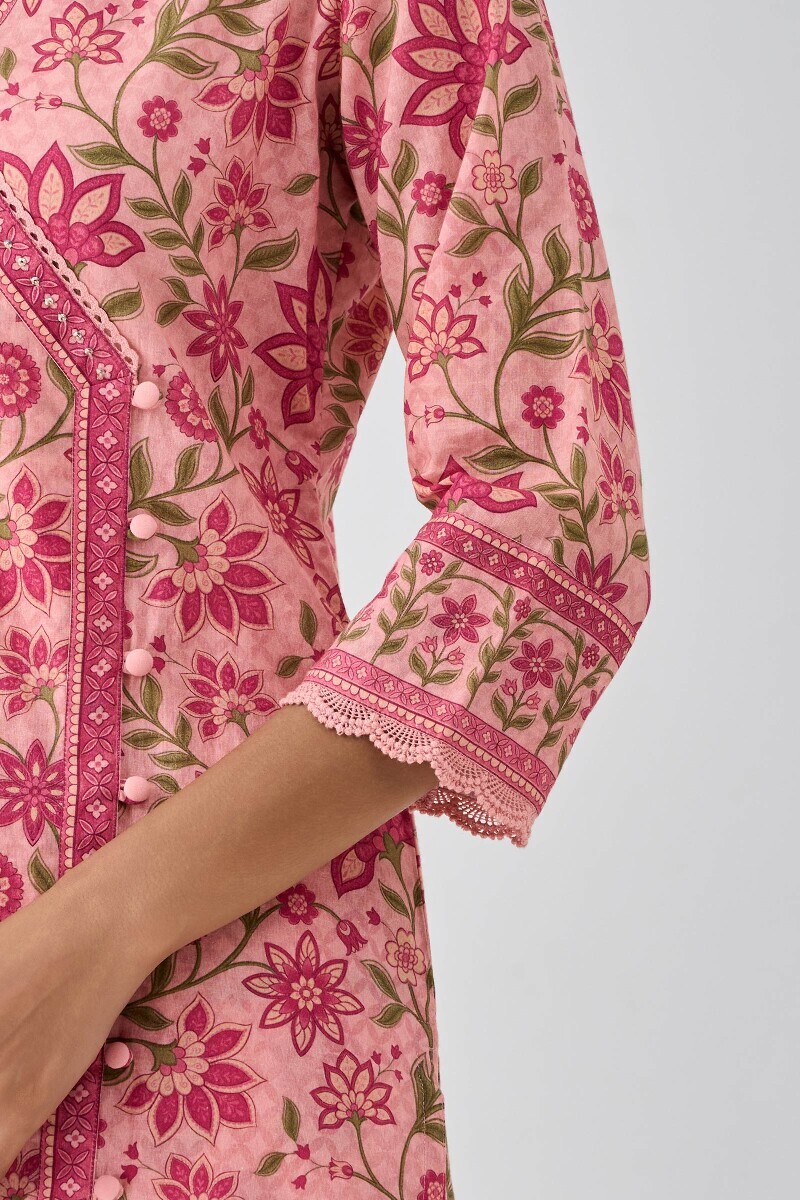 Peach Printed Angrakha Cotton Kurta