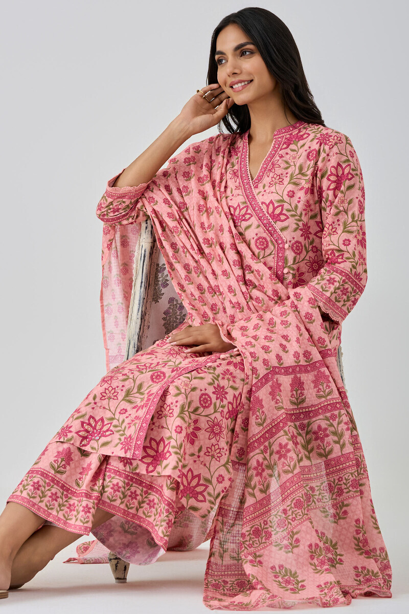 Peach Printed Angrakha Cotton Kurta