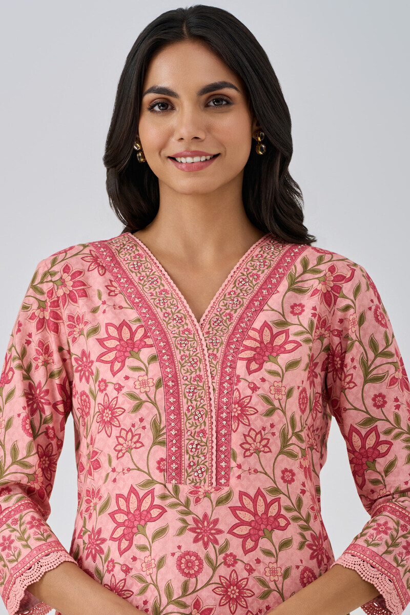 Peach Printed Straight Cotton Kurta