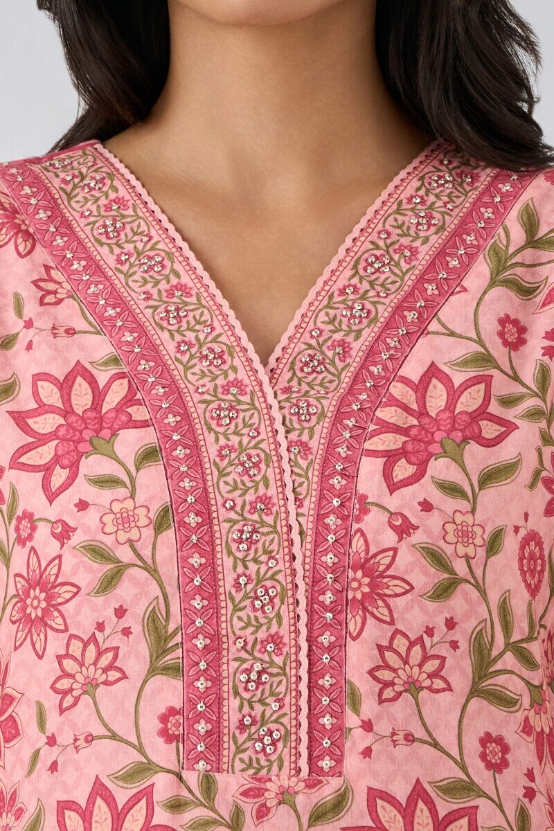 Peach Printed Straight Cotton Kurta