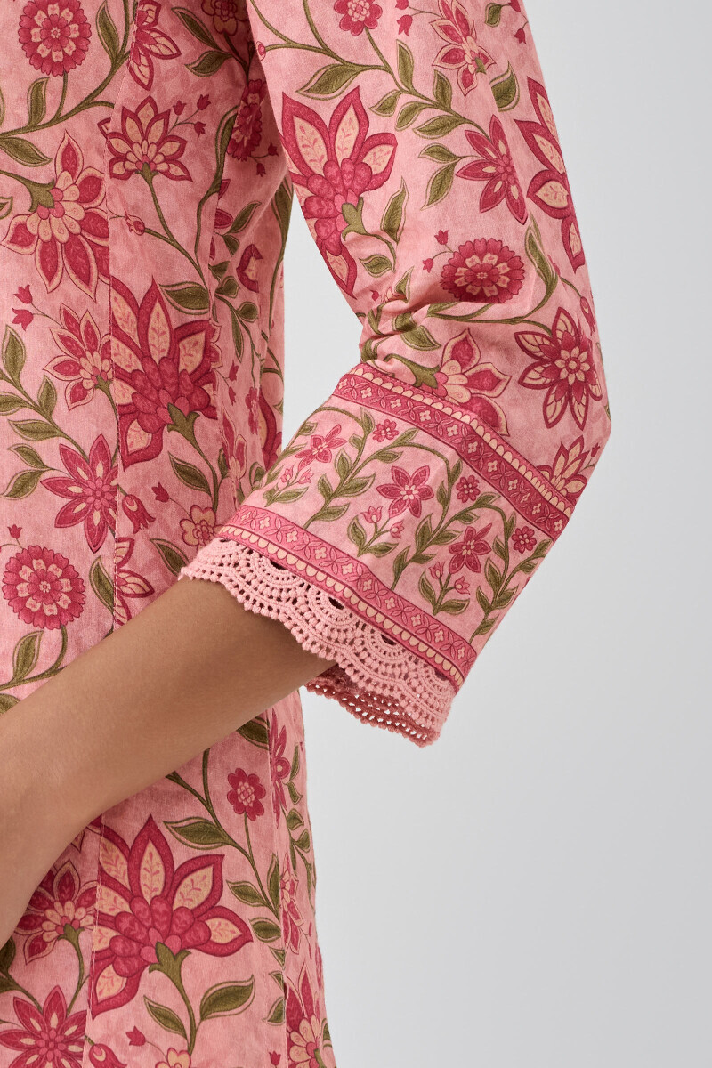 Peach Printed Straight Cotton Kurta