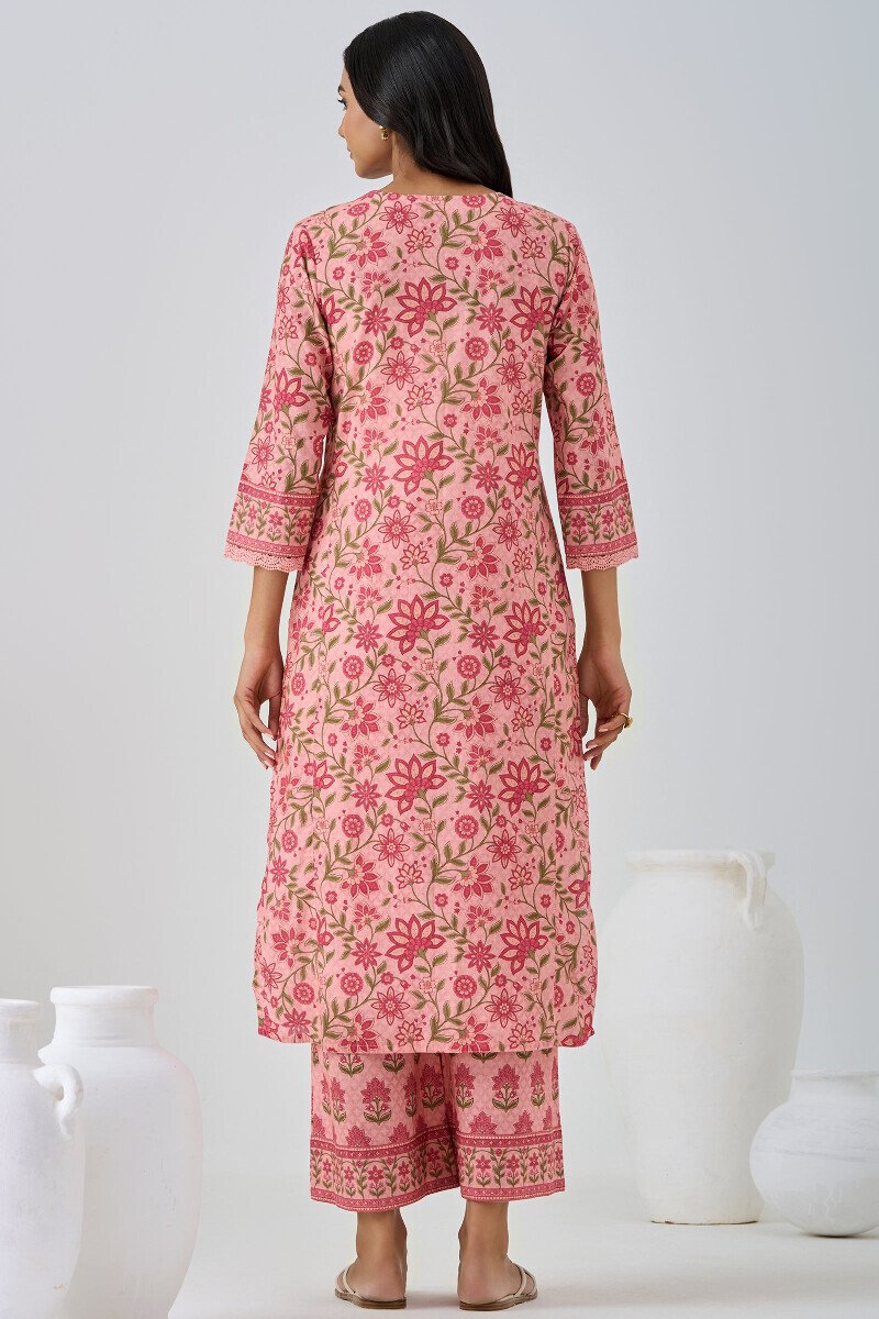 Peach Printed Straight Cotton Kurta