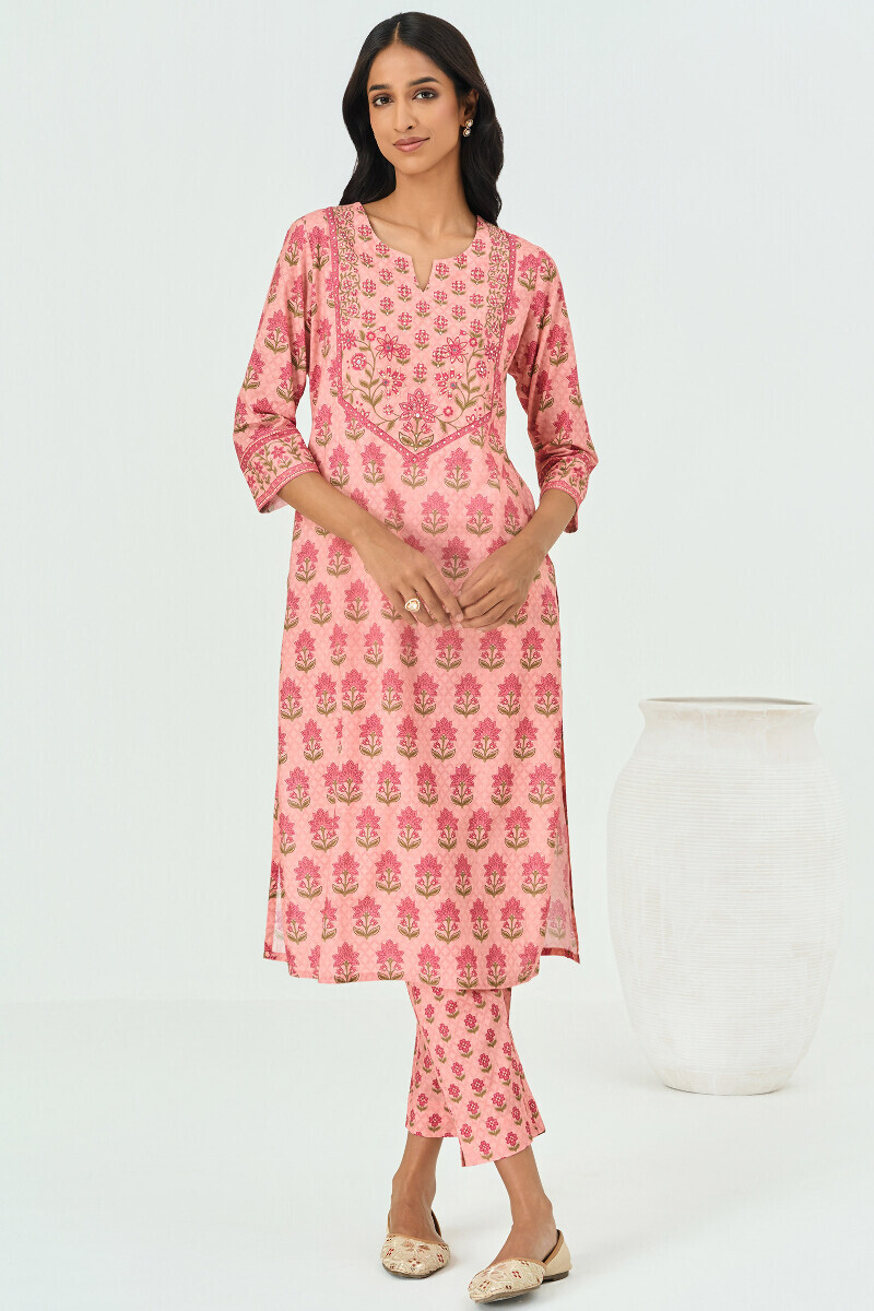 Peach Printed Straight Cotton Kurta