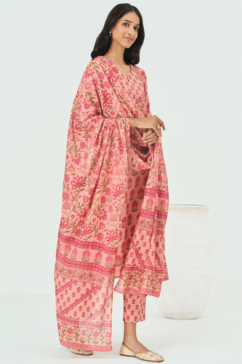 Peach Printed Straight Cotton Kurta