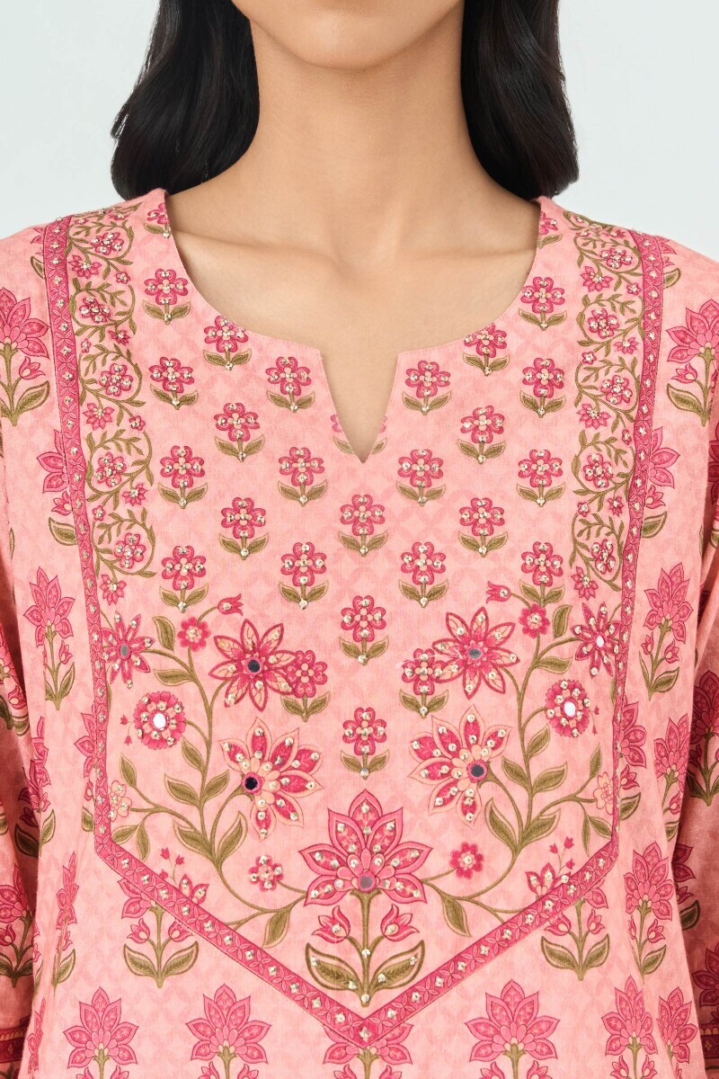 Peach Printed Straight Cotton Kurta