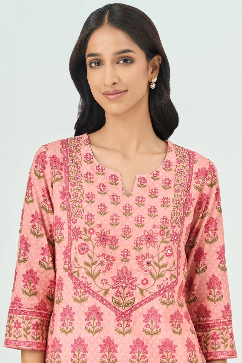 Peach Printed Straight Cotton Kurta