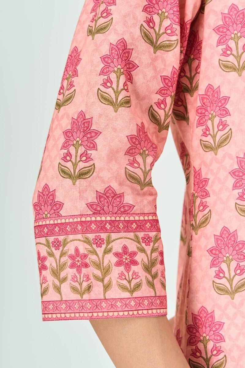 Peach Printed Straight Cotton Kurta