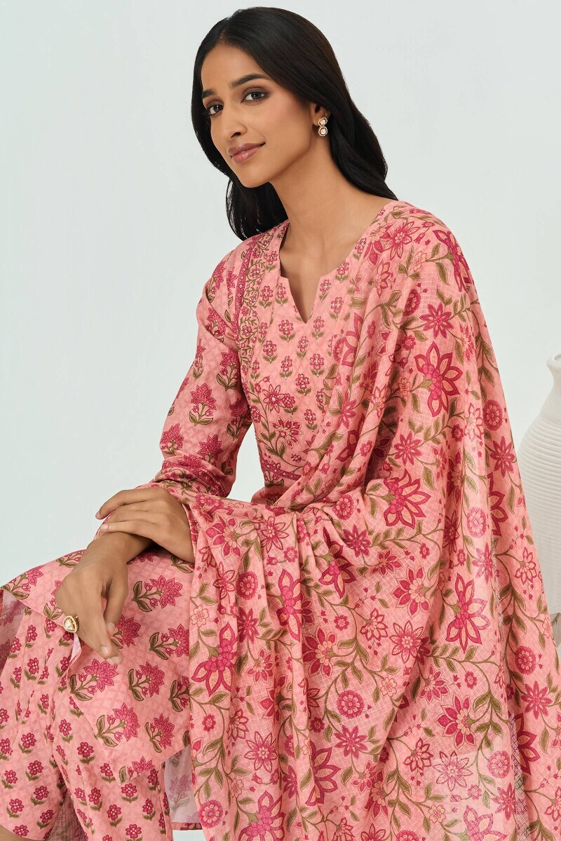 Peach Printed Straight Cotton Kurta