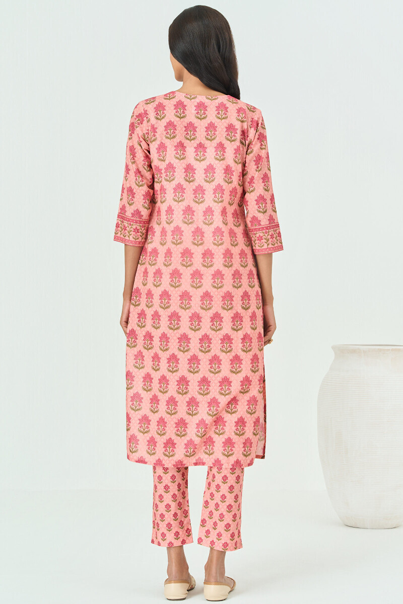 Peach Printed Straight Cotton Kurta