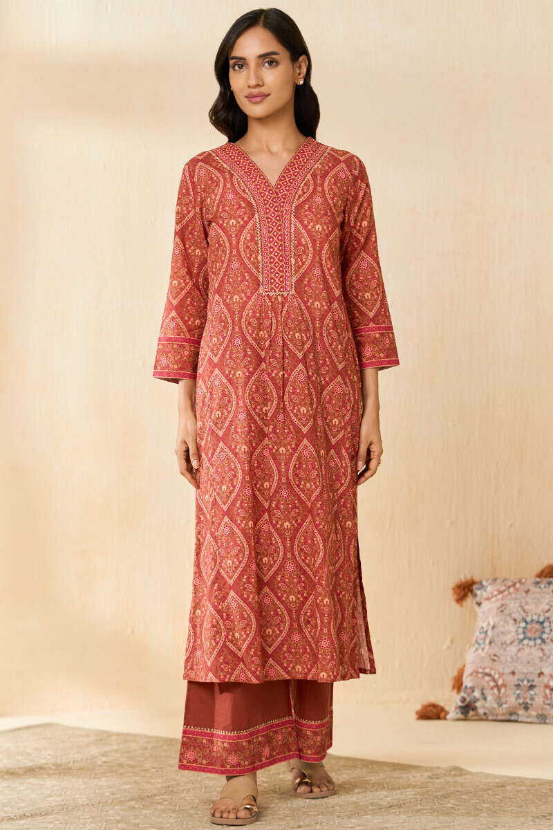 Brown Printed Straight Cotton Kurta