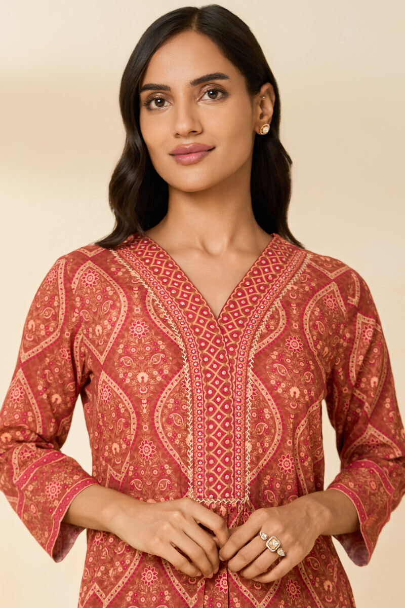 Brown Printed Straight Cotton Kurta