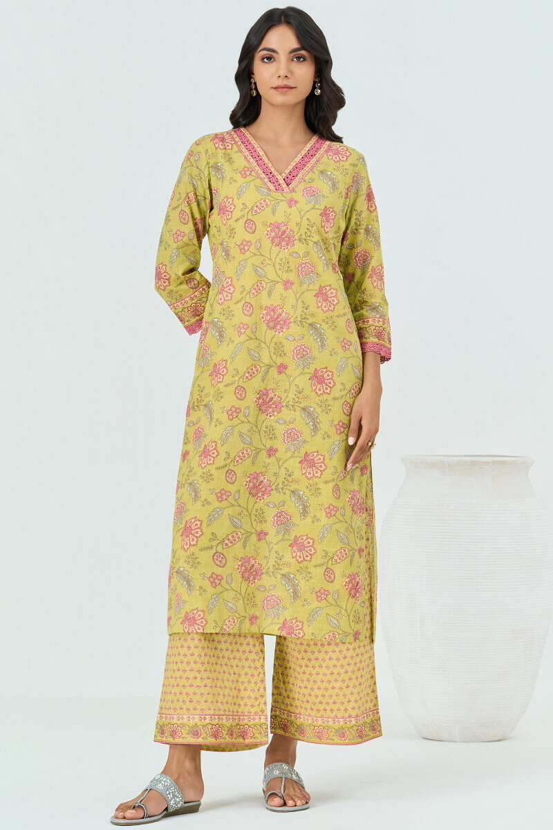 Green Hand Printed Straight Cotton Slub Kurta