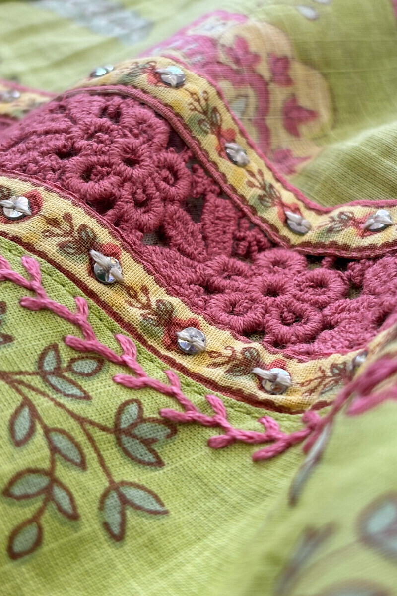 Green Hand Printed Straight Cotton Slub Kurta