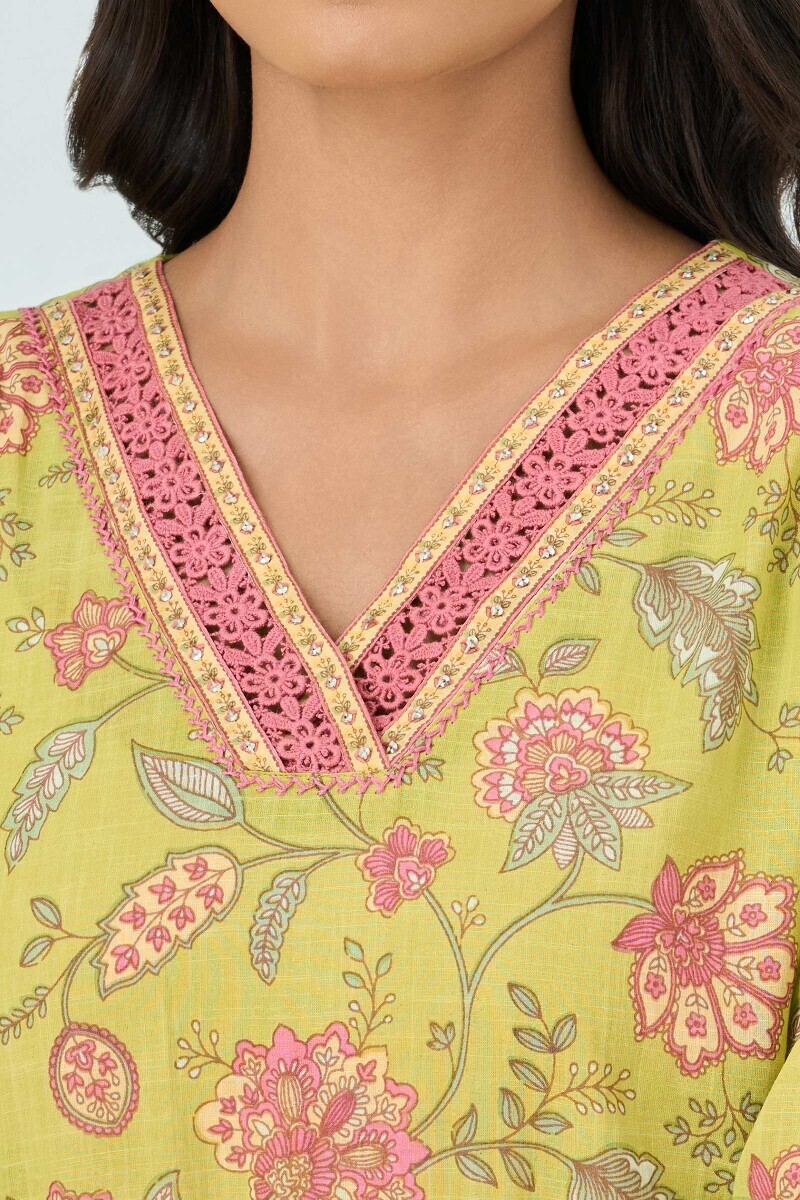 Green Hand Printed Straight Cotton Slub Kurta