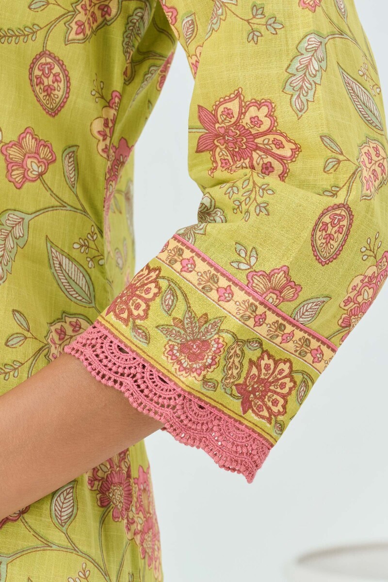 Green Hand Printed Straight Cotton Slub Kurta