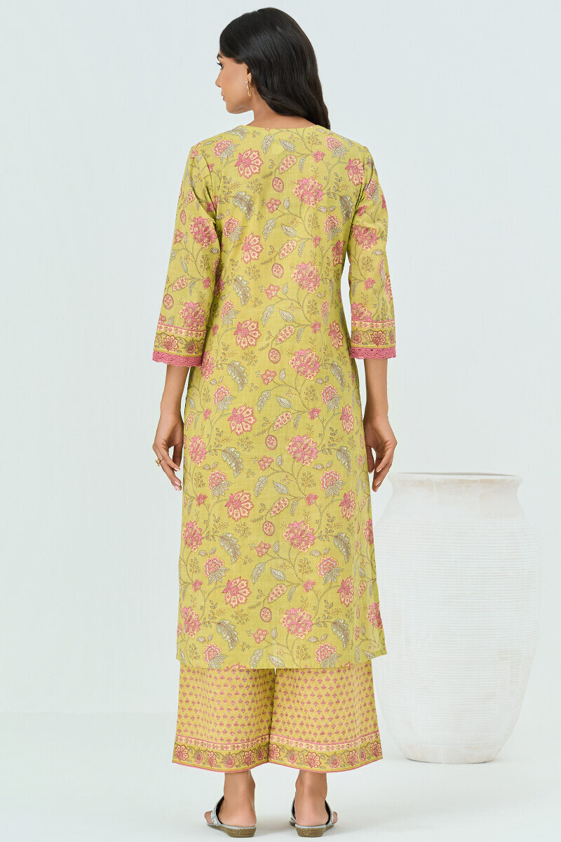 Green Hand Printed Straight Cotton Slub Kurta
