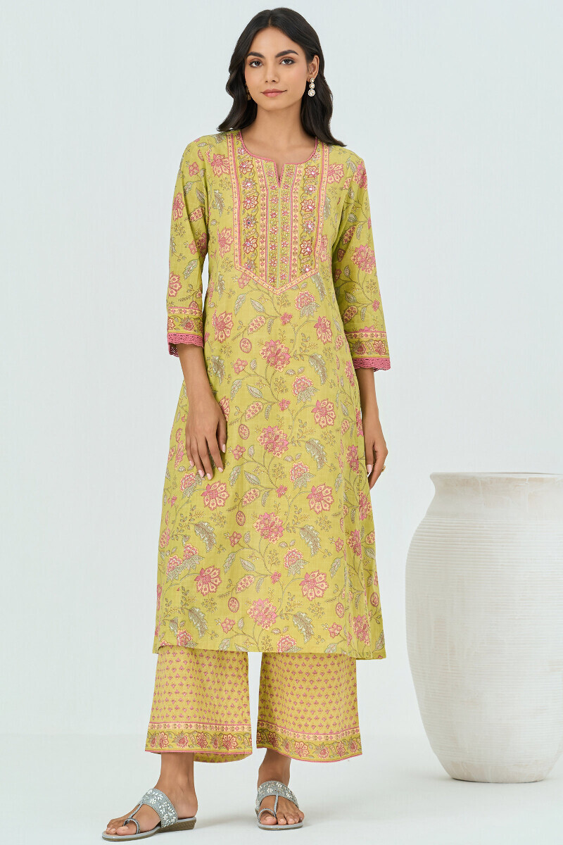 Green Hand Printed A-Line Cotton Slub Kurta