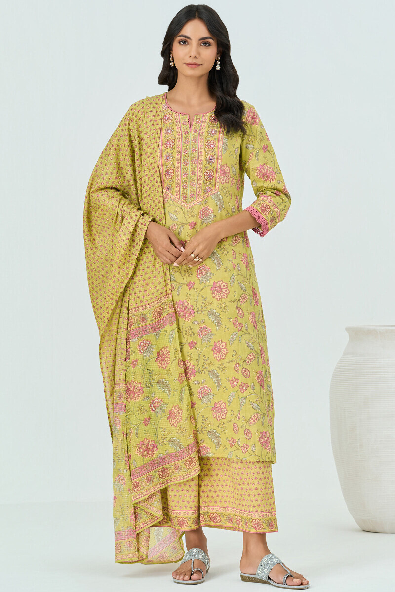 Green Hand Printed A-Line Cotton Slub Kurta
